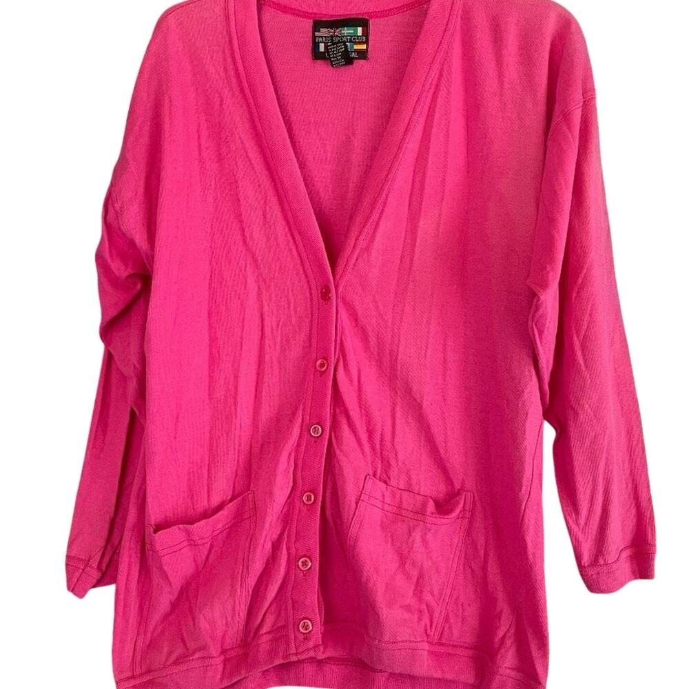 Vintage 90s Paris Sport Club Jersey Cotton Cardigan Hot Pink Size Medium
